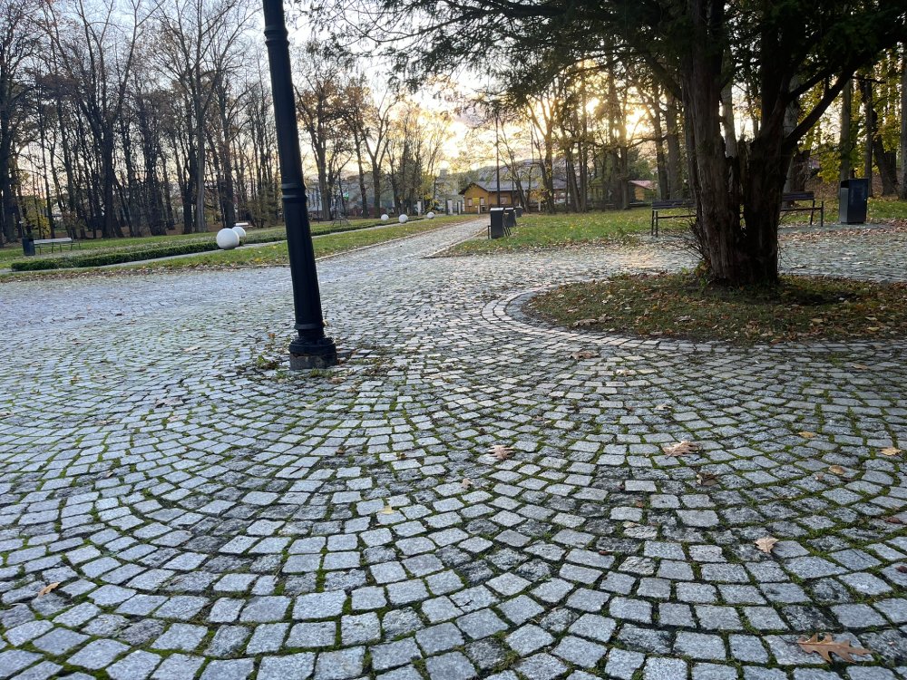 Brukowana alejka z latarnią i rozłożystym drzewem w Parku przy dworku w Łodygowicach, jesienna pora
