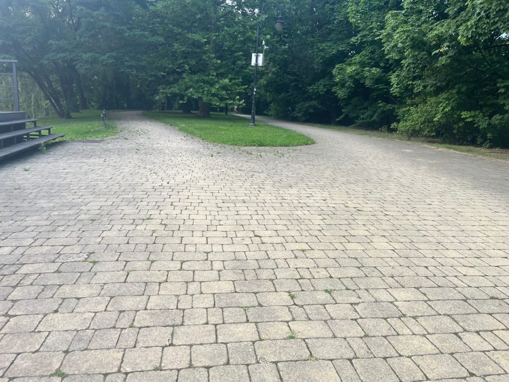 Rozległy plac z kostki brukowej wśród drzew, latarnia i ławki na skraju trawnika.