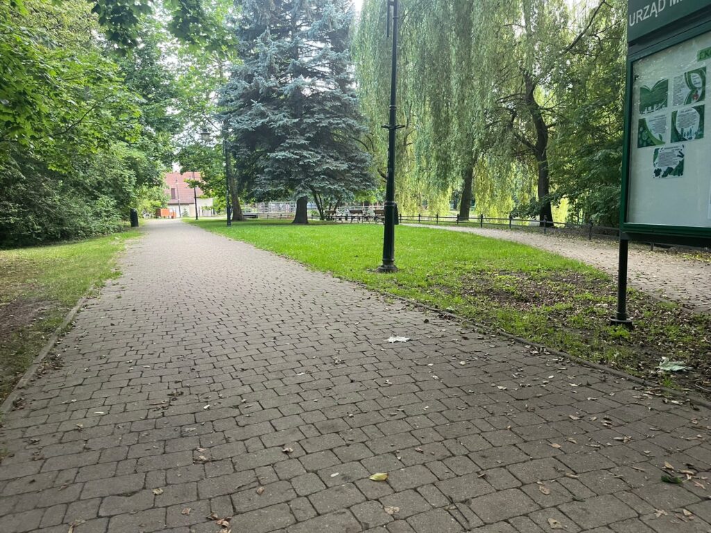 Alejka z kostki obok zielonej gabloty z tablicą informacyjną, latarnia i trawnik.