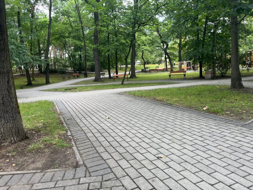 Rozwidlenie szerokich alejek z kostki wśród starych drzew, wzdłuż nich rząd ławek i latarnie, w tle plac zabaw.