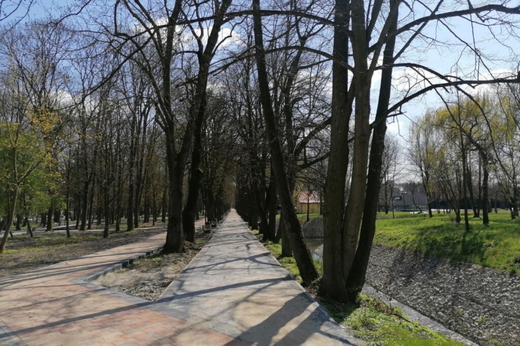 Długa, prosta aleja z jasnych płyt wzdłuż obmurowanego cieku wodnego, w cieniu szpaleru drzew.