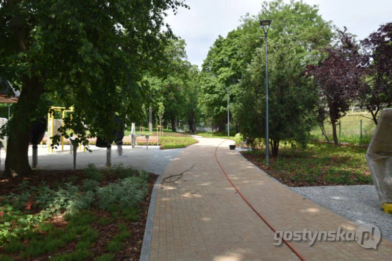 Szeroka alejka z beżowej kostki betonowej wśród starych drzew i nowych nasadzeń, przy niej latarnia parkowa.