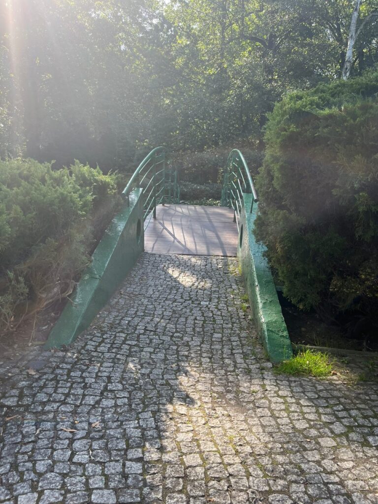 Mostek z drewnianym pokładem i zieloną metalową balustradą, dojście wyłożone nierówną kostką granitową.