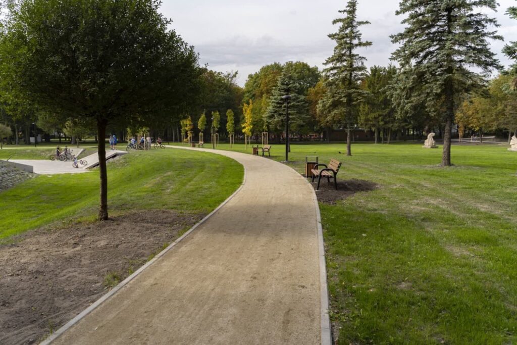 Kręta ścieżka o jasnej nawierzchni mineralnej z betonowym obrzeżem w parku w Chełmie, przy niej ławka, w tle skatepark.